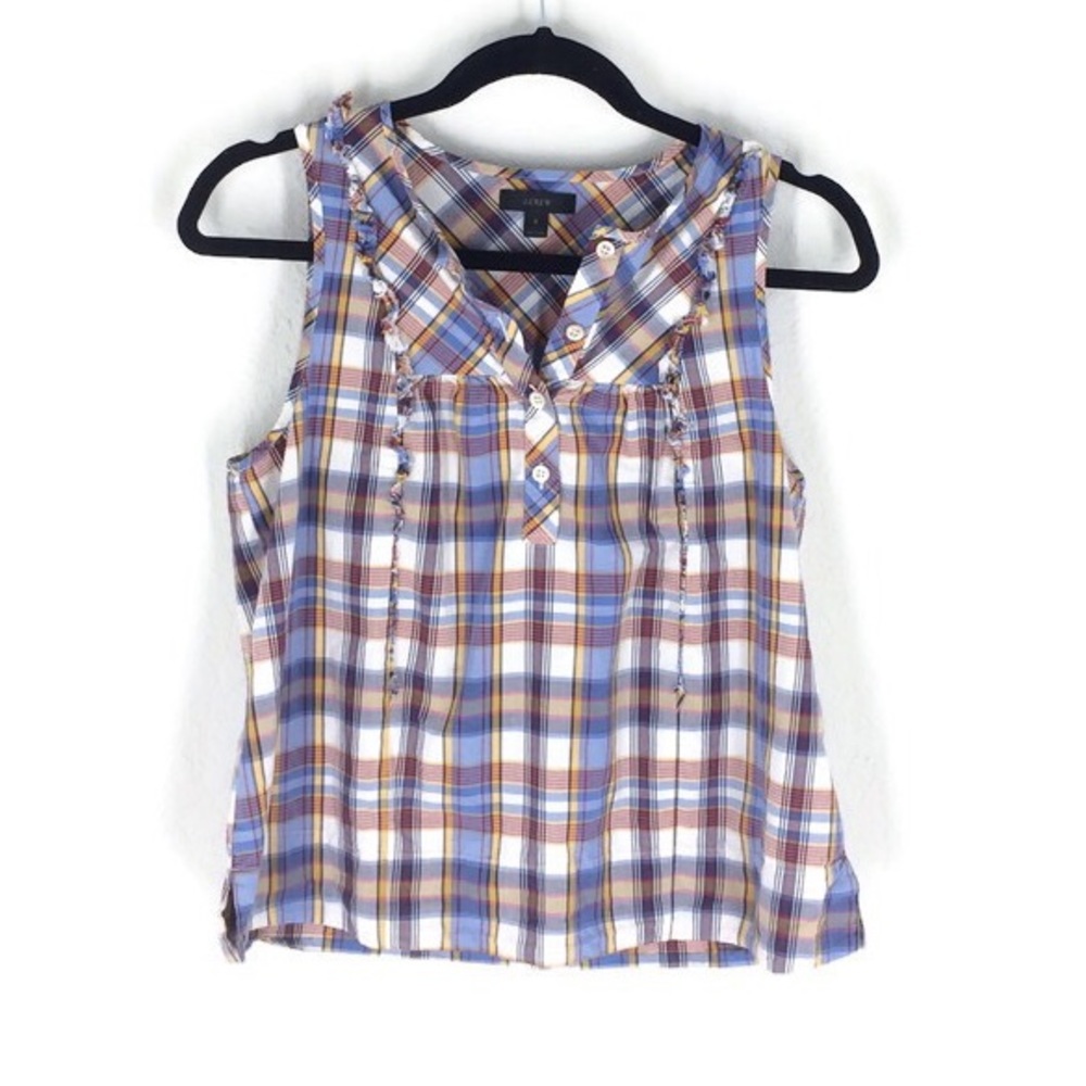 J. Crew Plaid Tank Ruffles Cotton Purple Yellow